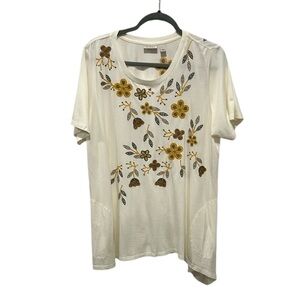 LOGO Lori Goldstein cream short sleeve embroidered floral tunic top XL